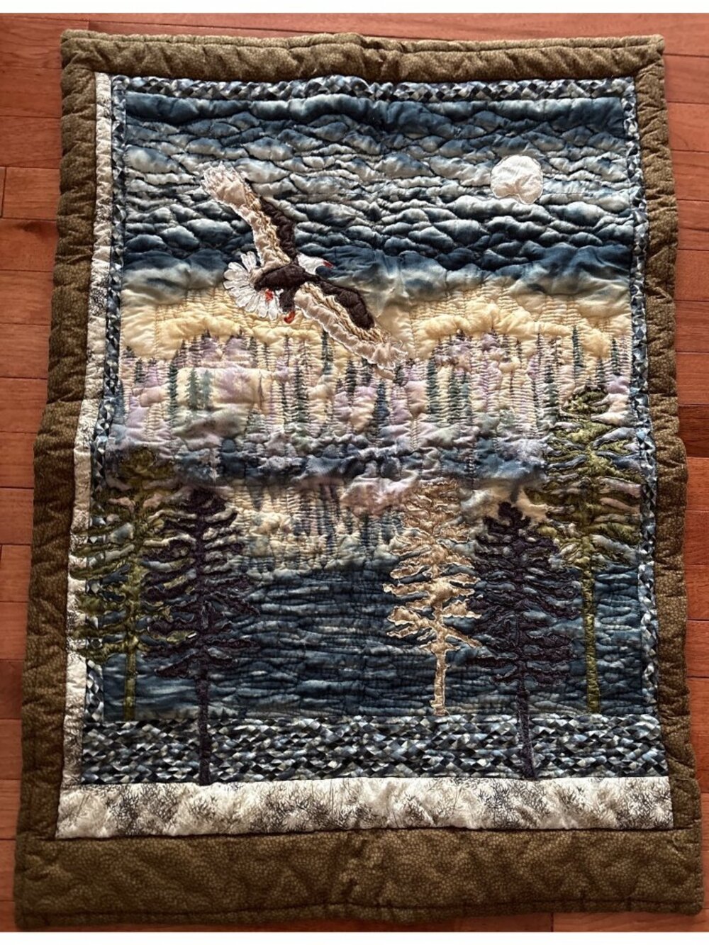 Quilted Wall Hanging Handmade Eagle Flying Over Wilderness Scene 26" x 36" Natur